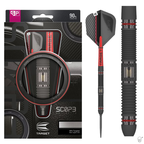 90 percent tungsten dart full view with packaging, featuring textured grip barrel, red accents, and close-up focus on barrel details