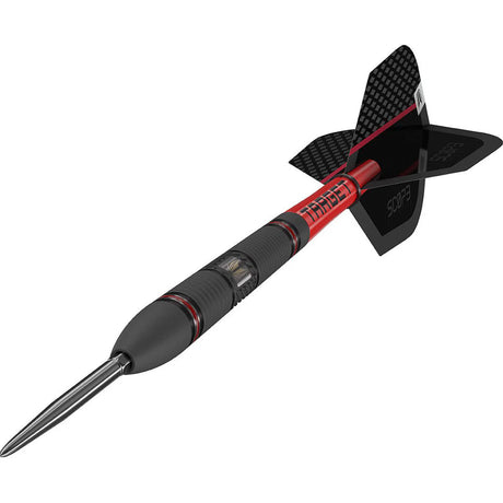 Angled view of 90% tungsten steel tip dart with textured black grip, red barrel accents, and carbon style flight on white background