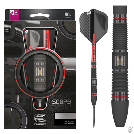 Full view of 90% tungsten dart in retail packaging, close-up on precision grip barrel, red accents, and textured flight design