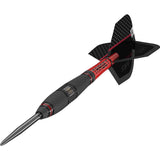 Angled view of single 90% tungsten dart with textured grip barrel, red shaft, and black carbon pattern flight on white background
