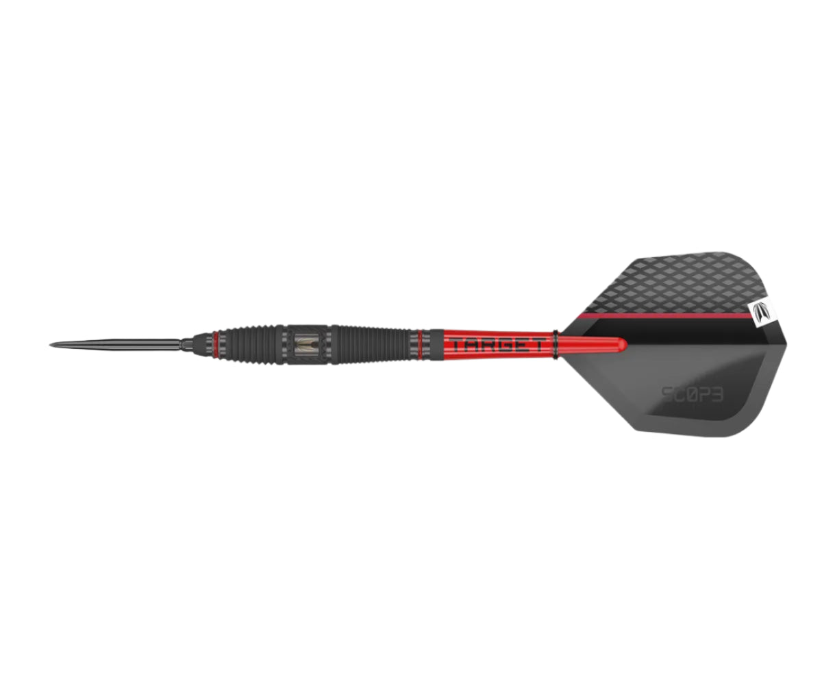 Full tungsten dart side view on white background highlighting textured barrel grip, knurled details, and geometric black flight design