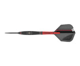 Full tungsten dart side view on white background highlighting textured barrel grip, knurled details, and geometric black flight design