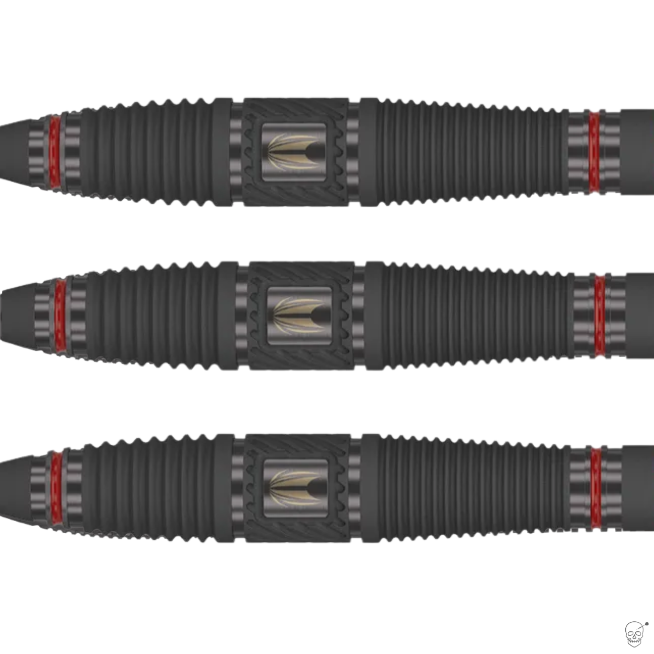 Close-up of three 90% tungsten dart barrels with black grooved grip, red rings, and detailed machined engraving, isolated on white