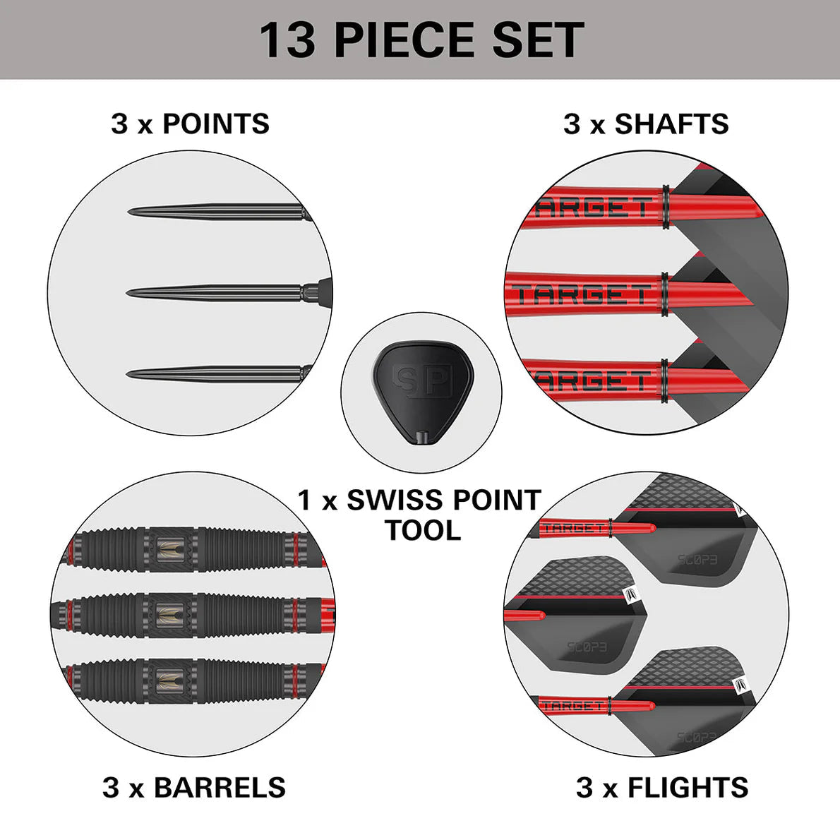 Top-down view showing 13 piece tungsten dart set with 3 barrels, 3 shafts, 3 points, 3 flights, and Swiss Point tool separated on white background