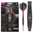 Full view 90% tungsten dart with red-black grip barrel, carbon fiber-style flight, packaging shown, detailed close-up on textured barrel.