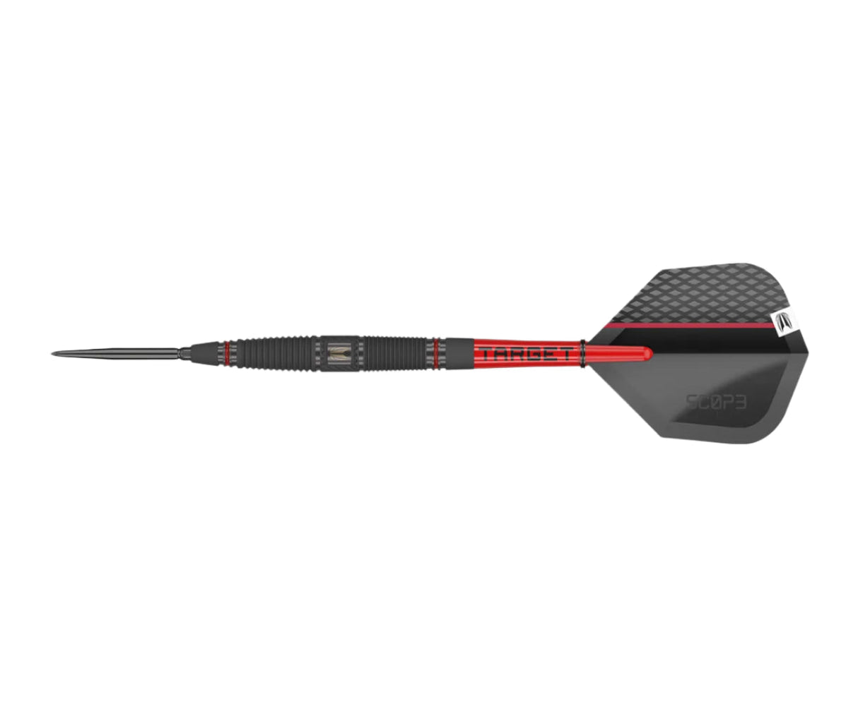 Tungsten dart full side view on white background showing precision grip barrel, red shaft, and textured black flight