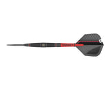 Tungsten dart full side view on white background showing precision grip barrel, red shaft, and textured black flight