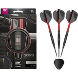 Three 90% tungsten darts with black and red grips shown assembled and in packaging, featuring detailed barrel texture and extra dart flight.