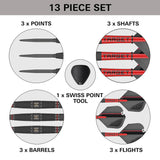 Top-down view showing dart set contents: 3 points, 3 barrels with grip texture, 3 shafts, 3 flights, and Swiss point tool