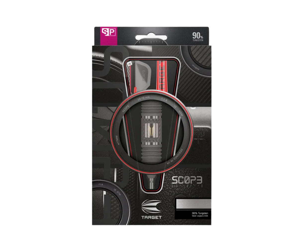 Tungsten darts in retail packaging with close-up window highlighting barrel grip texture and detailed dart design