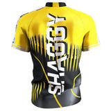 Back view of Scott Williams 2025 darts shirt with SHAGGY text and yellow dart ripple design, isolated on white