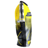 Angled side view of Scott Williams 2025 darts shirt showing yellow and black graphics, sleeve detail, isolated on white