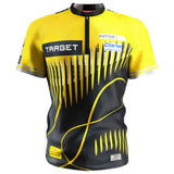 Front view Scott Williams 2025 darts shirt in yellow and black, zip collar, sponsor logos, dynamic pattern, on white background