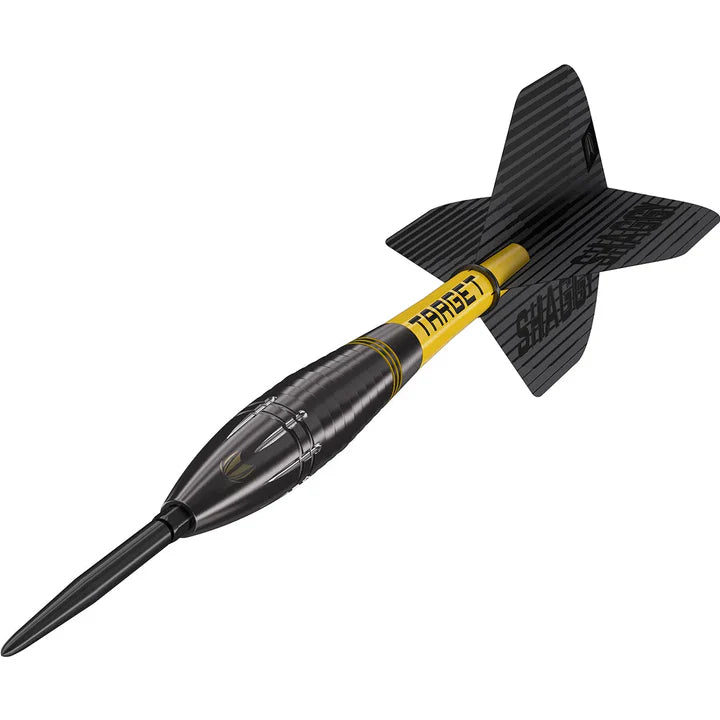 Angled view of Scott Williams Black 90% tungsten steel tip dart showing barrel grip, yellow shaft, and black shadow flight on white background