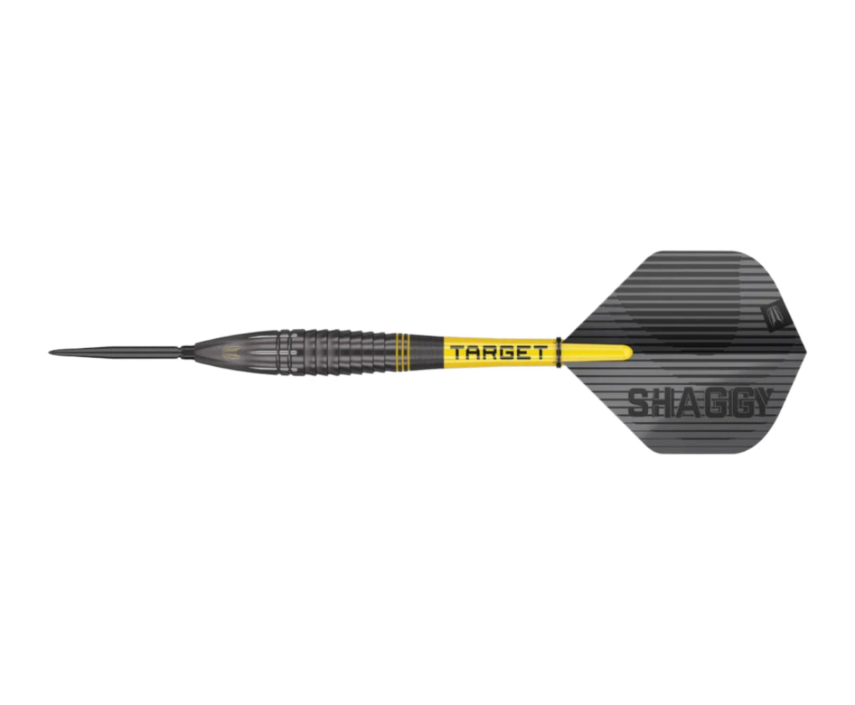 Steel tip dart full side view on white, showing black grooved barrel, yellow TARGET stem, and SHAGGY black flight.