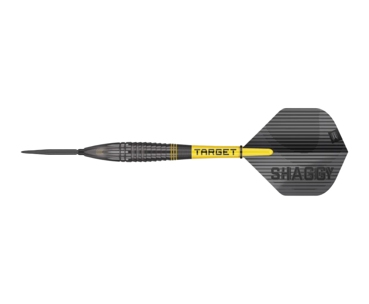 Steel tip dart full side view on white, showing black grooved barrel, yellow TARGET stem, and SHAGGY black flight.