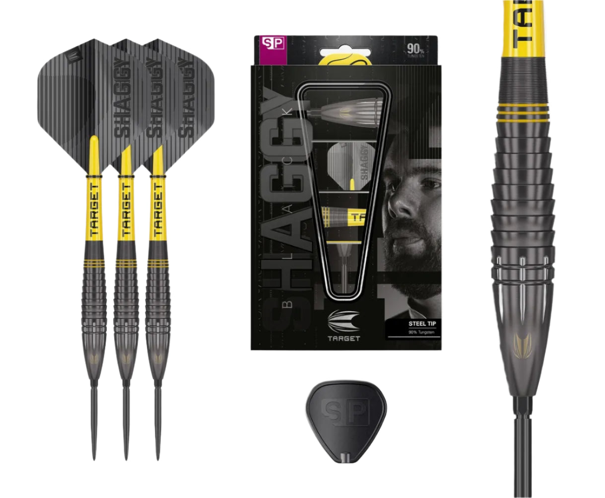 Three tungsten steel tip darts, retail packaging, close-up barrel grip, and extra flight displayed on white background