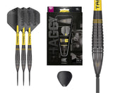 Three tungsten steel tip darts, retail packaging, close-up barrel grip, and extra flight displayed on white background