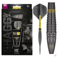 Steel tip 90% tungsten darts set in retail packaging with close-up of black and yellow barrel grip, flight, and steel point details