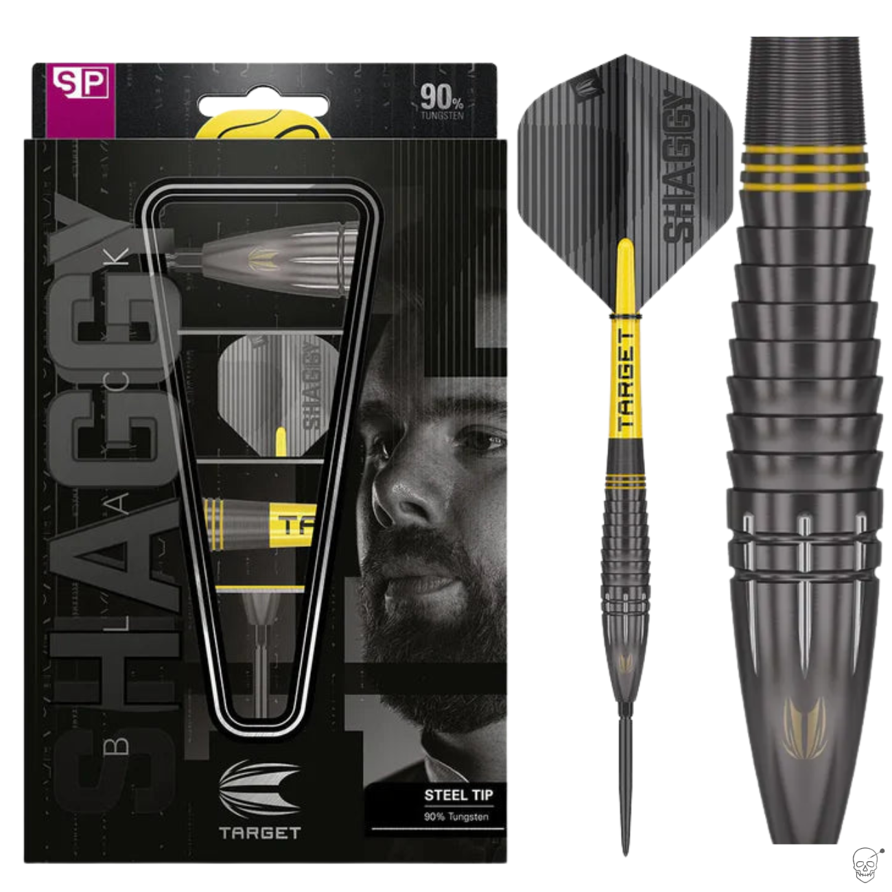 Steel tip 90% tungsten darts set in retail packaging with close-up of black and yellow barrel grip, flight, and steel point details