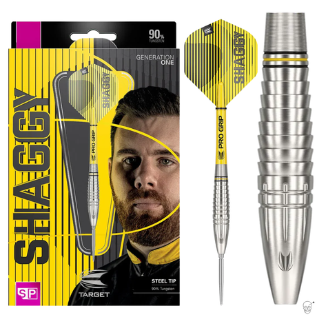 Steel tip tungsten dart set in original packaging with close-up of ringed barrel grip and yellow Shaggy flight, steel point visible