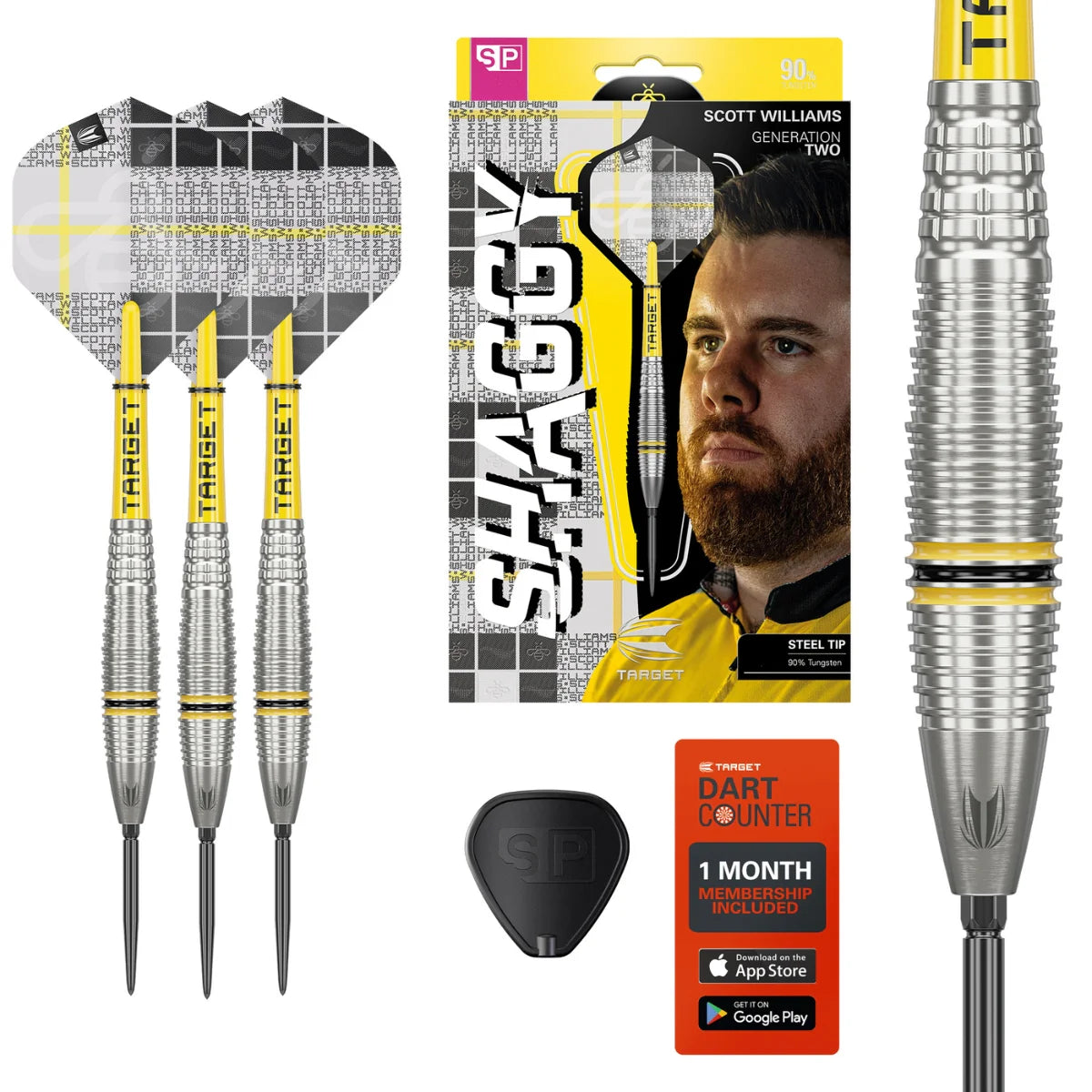 Full product display of Scott Williams G2 90% tungsten darts with packaging, close-up barrel grip, steel tips, flights, and accessories
