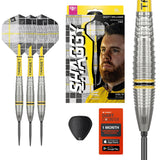 Full product display of Scott Williams G2 90% tungsten darts with packaging, close-up barrel grip, steel tips, flights, and accessories