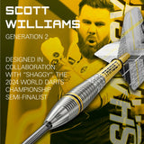 Angled close-up of Scott Williams G2 tungsten dart showing precision grip rings and custom flights, featured with dynamic player background.