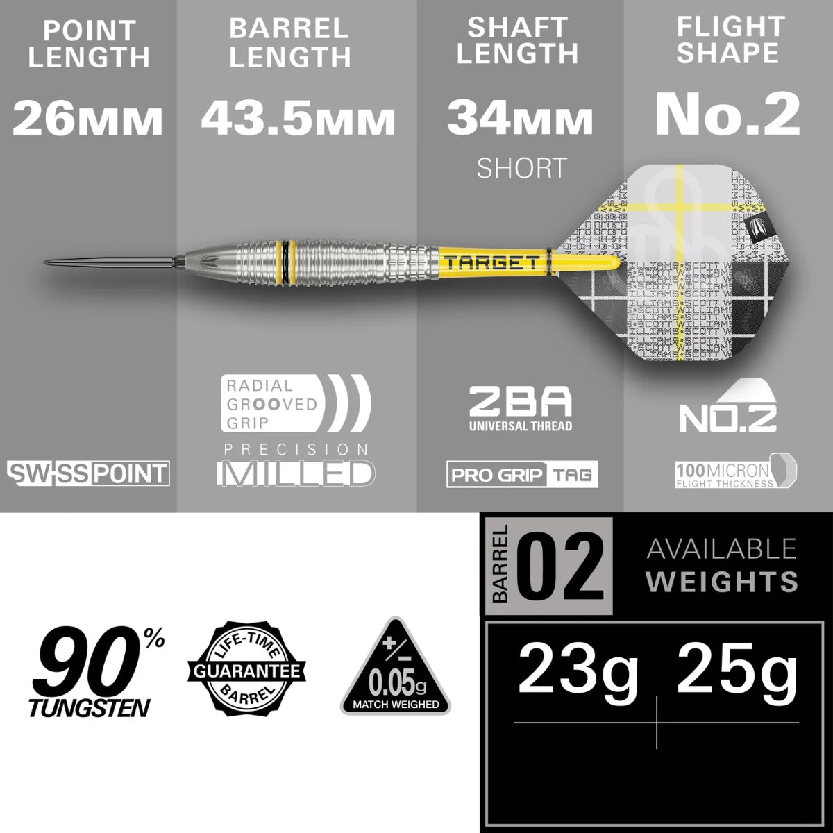 Full side view of tungsten dart on grey background with labeled measurements, radial grooved grip, No.2 flights, available in 23g and 25g