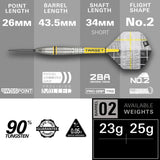 Full side view of tungsten dart on grey background with labeled measurements, radial grooved grip, No.2 flights, available in 23g and 25g