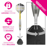 Dart with Swiss Point tool, infographic style, showing close-up of interchangeable tip system and patented locking feature for tungsten darts.