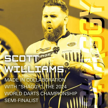Scott Williams Player Edition K-Flex darts promo, close-up celebration, dartboard in background, professional darts context