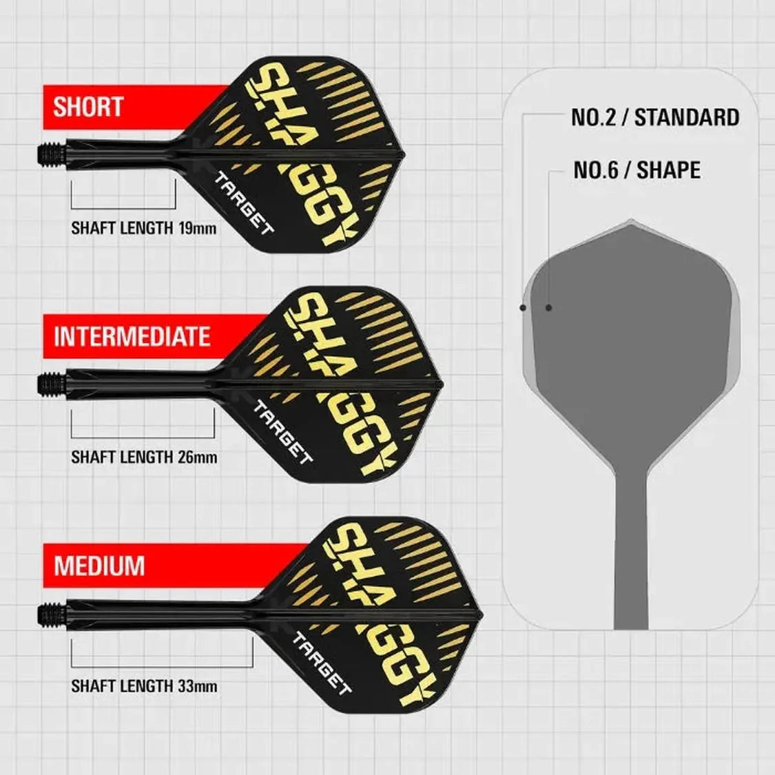 Comparison of dart shaft lengths with flights, showing short, intermediate, and medium sizes plus No.2 standard and No.6 shape flight diagram