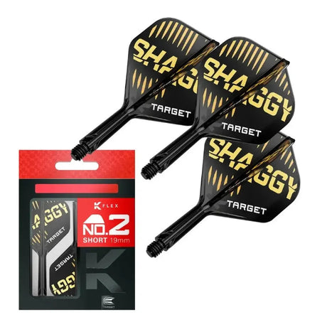 Three black K-Flex No.2 Shaggy dart flights with integrated shafts displayed angled, retail package included for short 19mm size reference