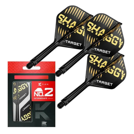 K-Flex No.2 dart shafts and flights set with SHAGGY gold design, three assembled pieces displayed next to retail packaging, isolated on white.
