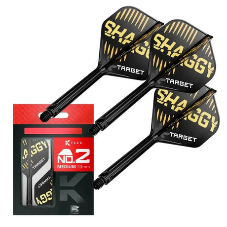 Scott Williams K-Flex No.2 dart shafts with gold SHAGGY flights and packaging, full product display on white background