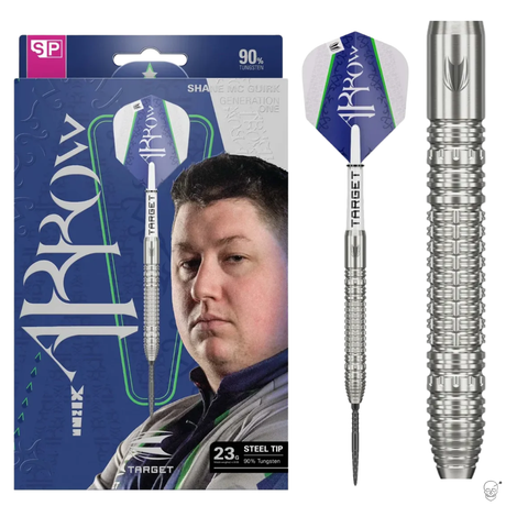 Shane McGuirk G1 90% tungsten darts in retail packaging with steel tip, blue flights, and detailed barrel grip texture.