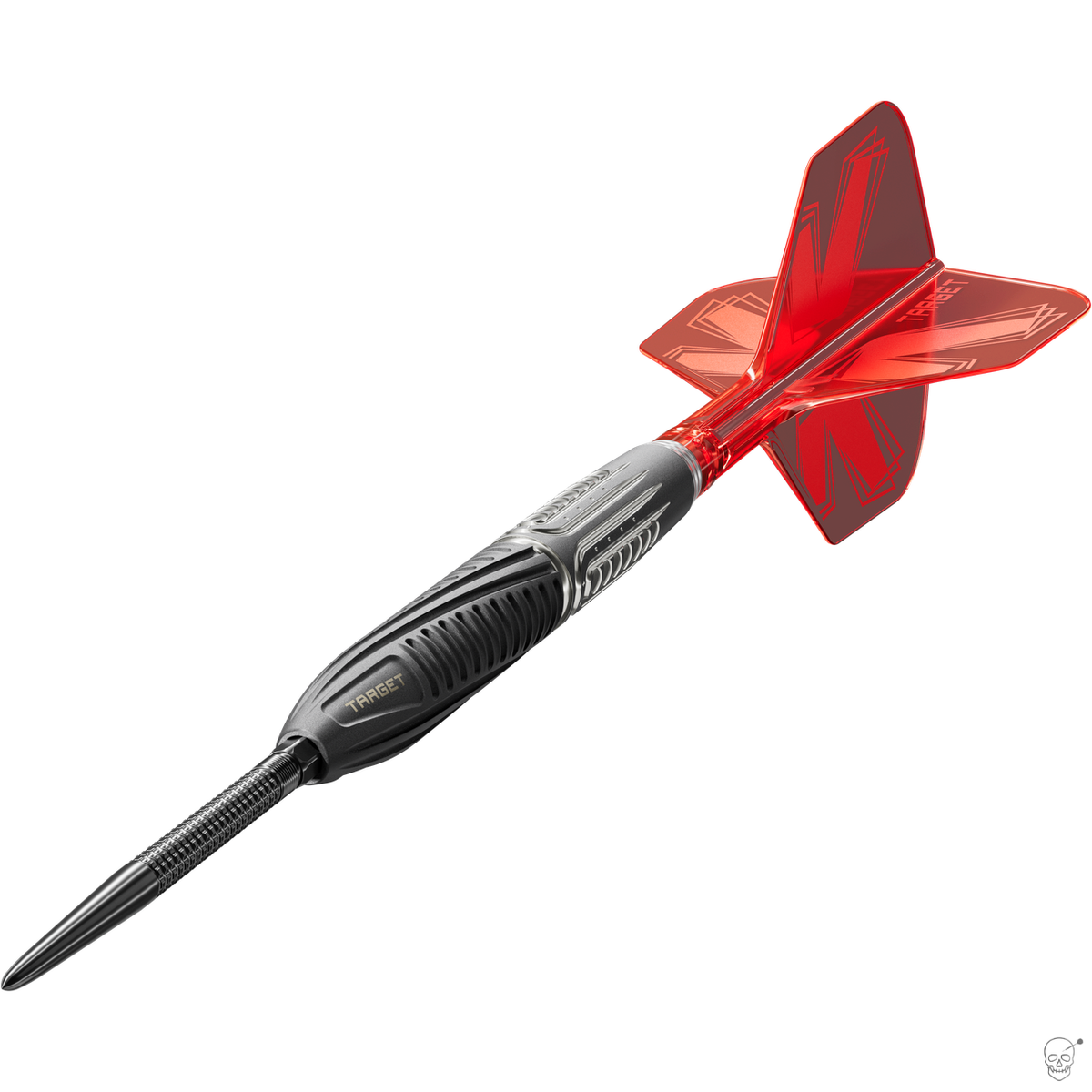 Target Shift dart – angled view of the straight black milled barrel with flight and shaft fitted