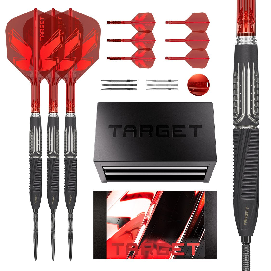 Target Shift darts set of three with metal toolbox case and barrel close-up