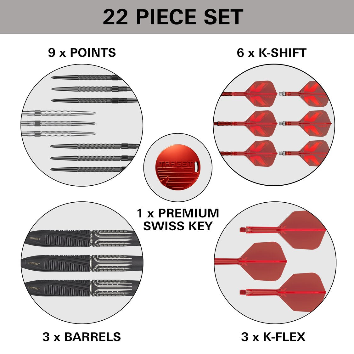 Target Shift set contents – barrels, nine Swiss Points, K-Shift flights and Premium Swiss Key