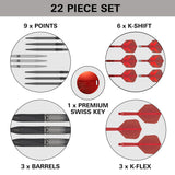 Target Shift set contents – barrels, nine Swiss Points, K-Shift flights and Premium Swiss Key