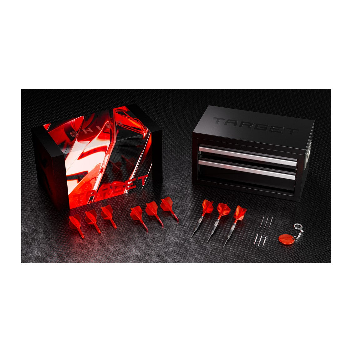 Target Shift darts – what is in the box, metal toolbox case with points, K-Shift flights and Premium Swiss Key