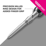 Close-up angled view of Swiss point dart tip highlighting precision-milled ring grip for enhanced finger control