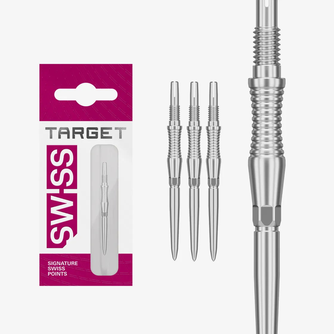 Dart points in retail packaging with three Swiss point darts and a close-up highlighting RST grip texture