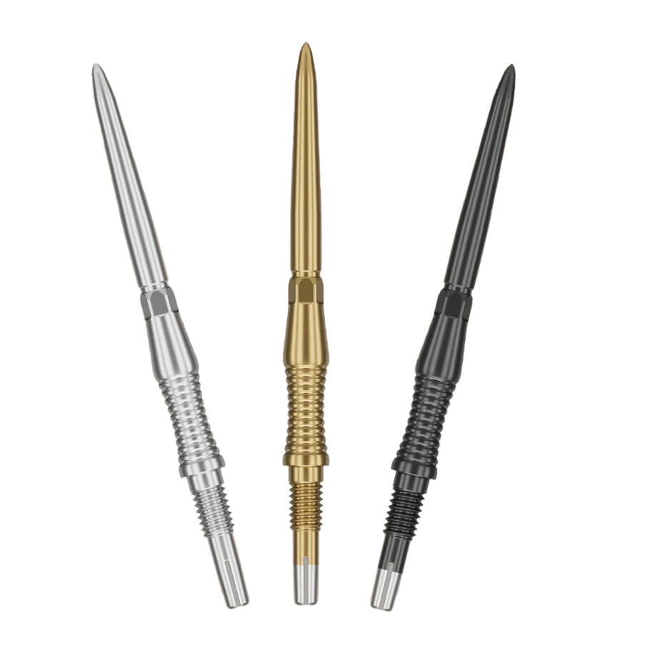 Three Swiss RST dart points in silver, gold, black straight-on, isolated on white, emphasizing grip grooves and precision steel tip design