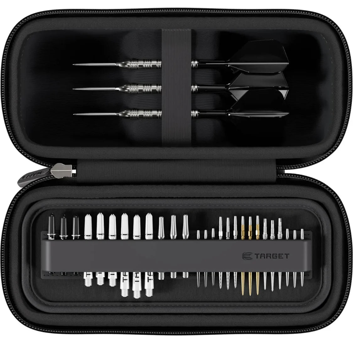 Top-down view of Darth Maul BOA darts case open with three assembled darts, multiple dart tips, shafts, and flights organized inside