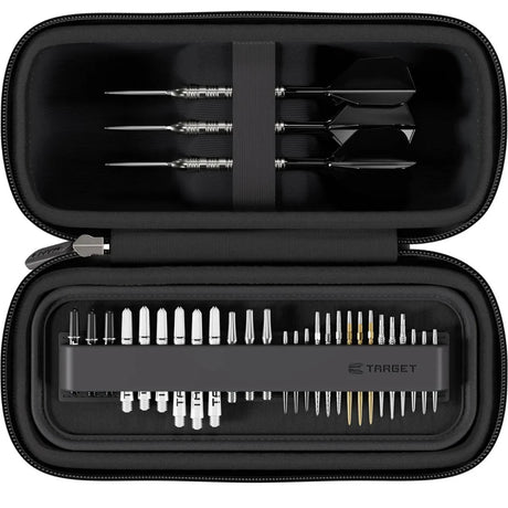 Top-down view of Darth Maul BOA darts case open with three assembled darts, multiple dart tips, shafts, and flights organized inside