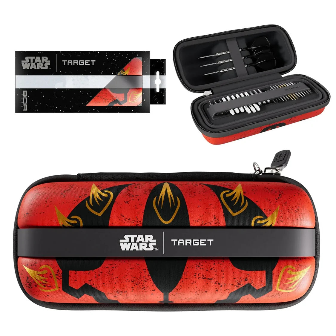 Star Wars Darth Maul BOA darts case with bold red graphic, shown packaged, closed, and open displaying dart storage slots and accessories compartment.