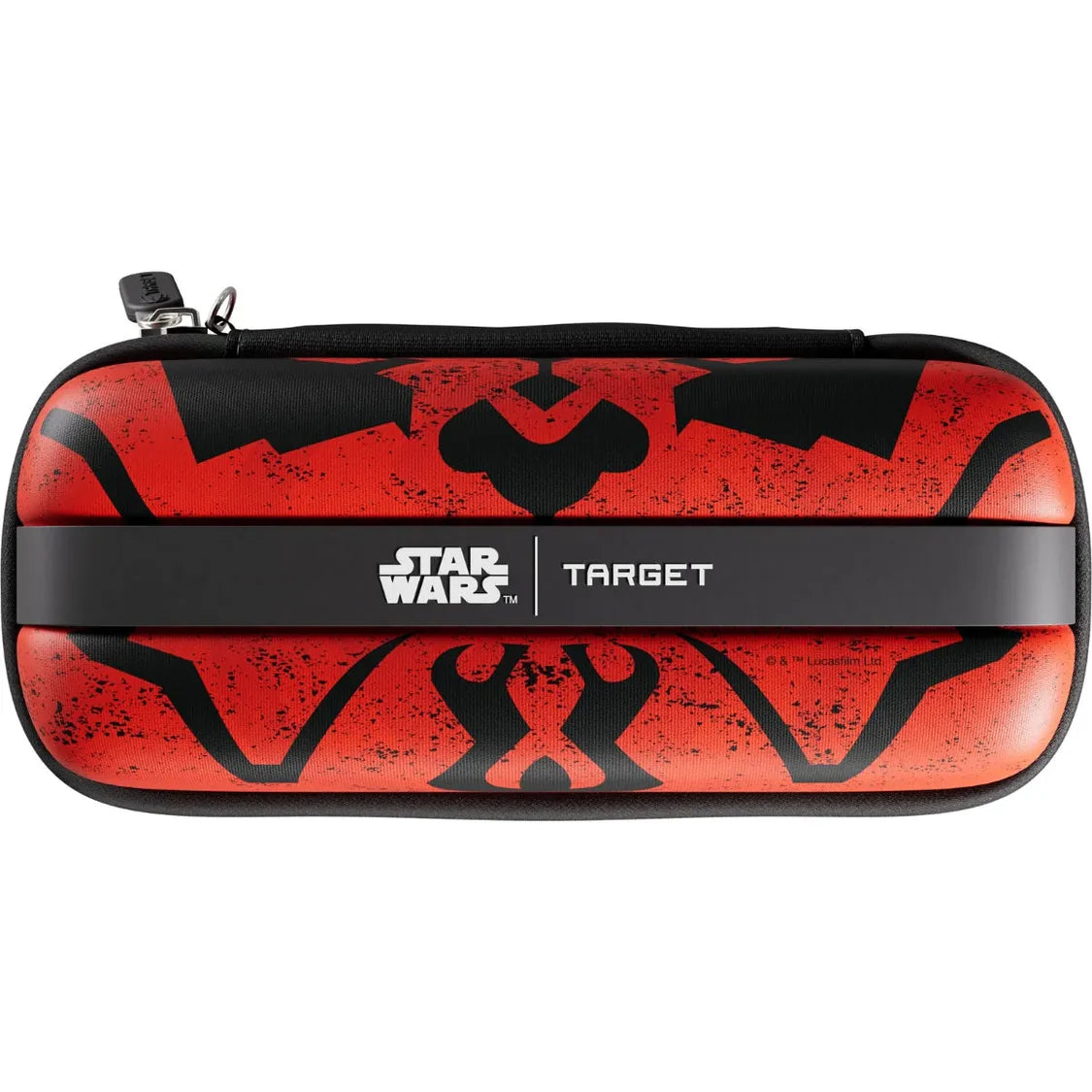 Star Wars Darth Maul BOA darts case top-down view, red and black hard shell, zipper closure, protective dart storage