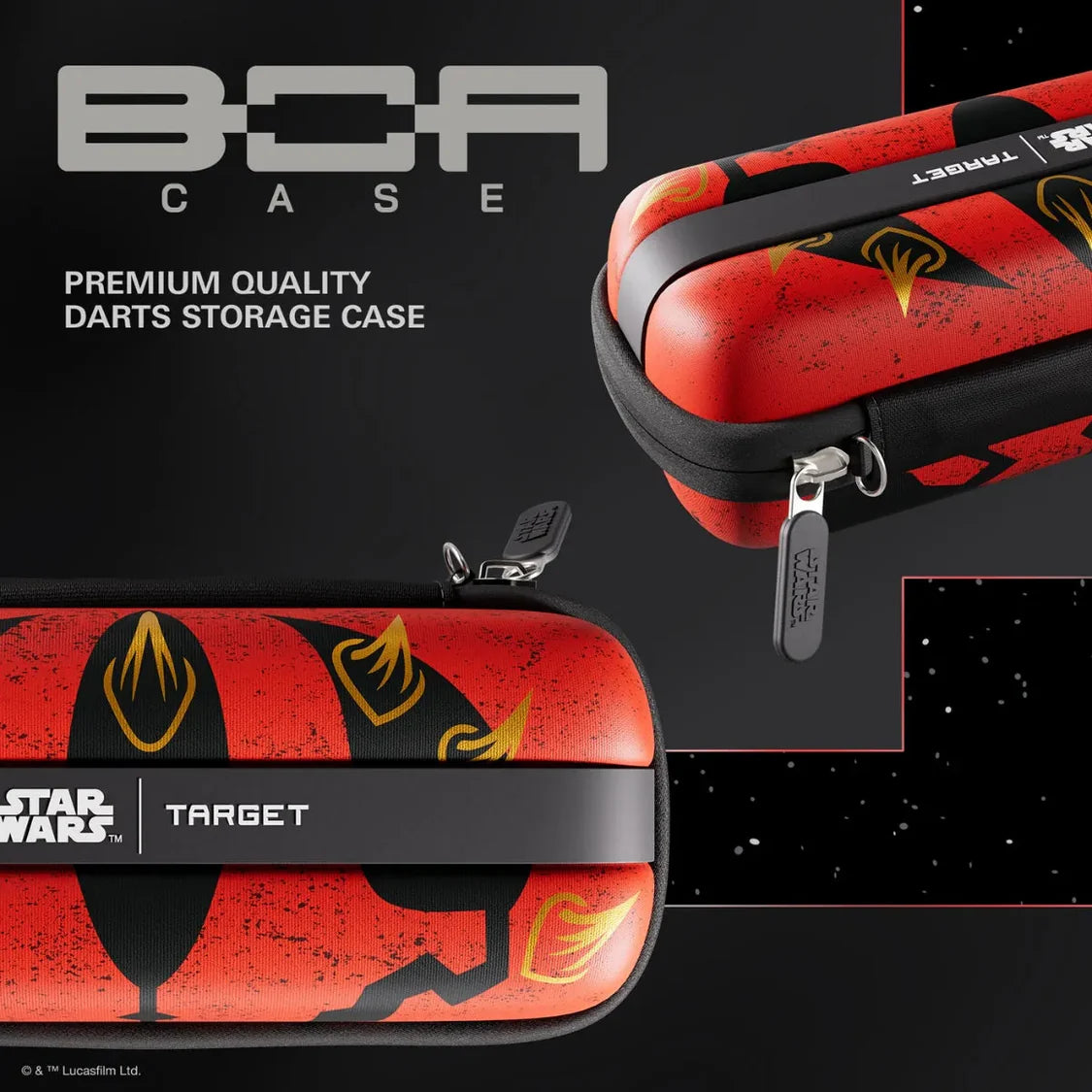 Angled close-up of Star Wars Darth Maul BOA darts case, showing bold red design, zipper details, and premium storage features